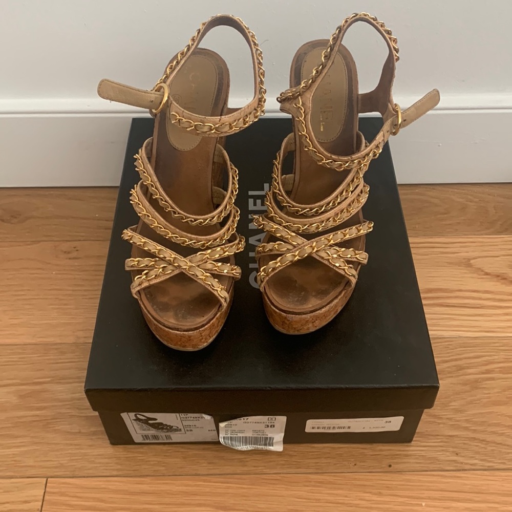 Chanel Chain Link Nude Wedges - Size 38/8